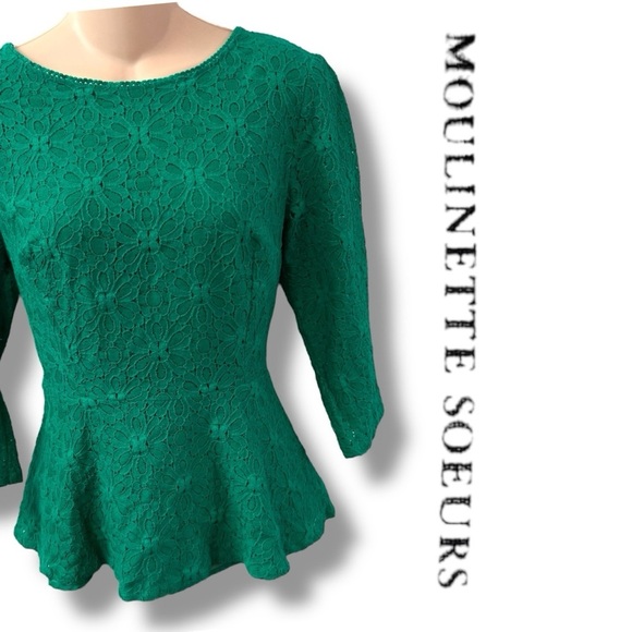 Anthropologie Moulinette Soeurs Kelly Green Eyelet Lace Peplum Blouse Size 10 - Picture 1 of 10
